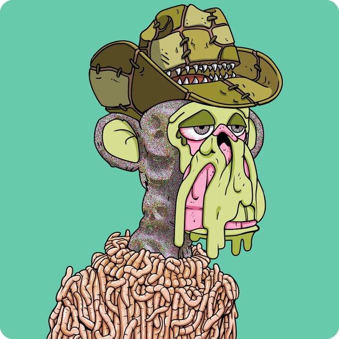 A cartoon NFT-style illustration of a green zombie-like ape character wearing a tattered hat, with drool, standing on what appears to be rope or intestines against a teal background.