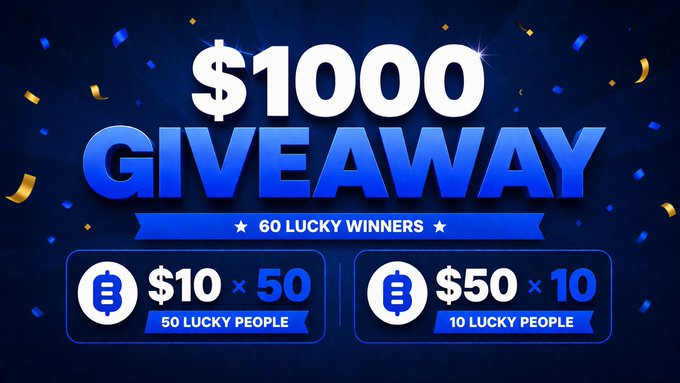 A bold giveaway banner advertising "$1000 GIVEAWAY" to 60 lucky winners, split into two tiers—$50 for 10 winners and $10 for 50 winners—displayed with Solana (SOL) logos, matching the post's promotion of a prize pool distributed across multiple recipients.