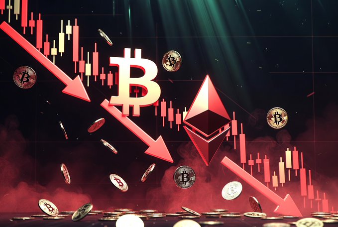 The image shows Bitcoin and Ethereum logos along with physical crypto coins, overlaid on a red candlestick chart with large downward-pointing arrows, symbolizing a market crash. The accompanying Vietnamese text describes how June closed with significant declines—Bitcoin dropping approximately 20% and Ethereum about 21%—marking one of the most difficult months of the year for the crypto market.