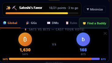 A screenshot of a cryptocurrency voting interface showing a 'Satoshi's Favor' progress bar at 18/21 points, with a voting matchup between '$ATS' (1,630 votes) and '$BITS' (168 votes).