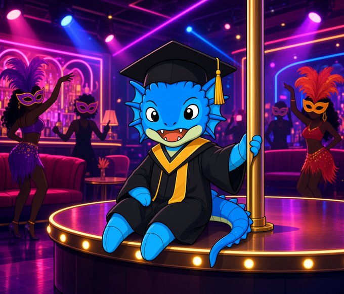 An AI-generated illustration shows a blue axolotl wearing a graduation cap and gown, sitting on a lit stage in a club-like setting with masked dancers in the background.