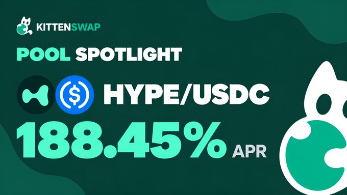 A graphic for KittenSwap highlighting a 'POOL SPOTLIGHT' for the HYPE/USDC liquidity pool, showing an impressive APR of 188.45%.