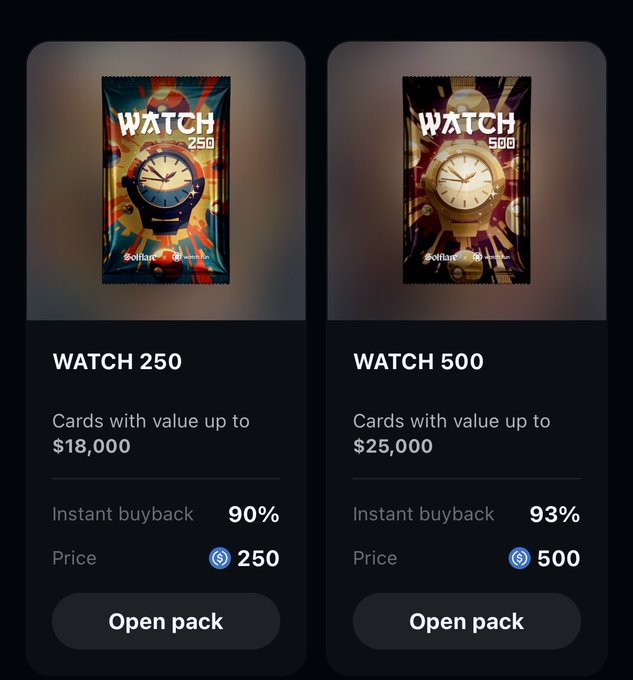 The image shows two "WATCH" pack options from Solflare: a WATCH 250 pack for 250 tokens with cards up to $18,000 value and 90% instant buyback, and a WATCH 500 pack for 500 tokens with cards up to $25,000 value and 93% instant buyback. This directly relates to the post suggesting a potential partnership between Solflare and Watch.fun, with the "WATCH" branding on these digital packs hinting at a collaboration featuring collectible watch-themed cards.