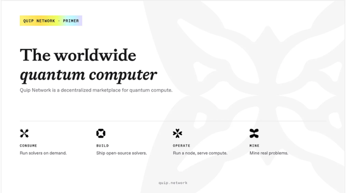 A minimalist landing page for Quip Network by Primer, described as 'The worldwide quantum computer' and 'a decentralized marketplace for quantum compute.' Four icons outline user activities: Consume (Run solvers on demand), Build (Ship open-source solvers), Operate (Run a node, serve compute), and Mine (Mine real problems).