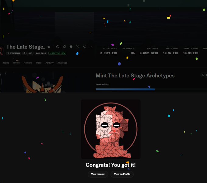 A user has just successfully minted an NFT from "The Late Stage" collection on Ethereum, with a confirmation message saying "Congrats! You got it!" alongside details showing a floor price of 0.0124 ETH and 24H volume of 10.37 ETH. The image illustrates the receipt of winning a free mint (priced at 0.014 ETH) from the giveaway mentioned in the post.
