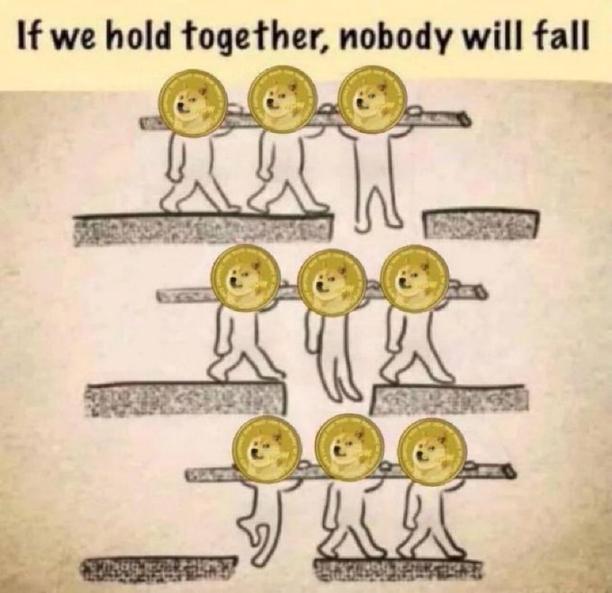 A humorous edit of the 'if we hold together, nobody will fall' meme with Doge coin faces replacing the stick figures' heads.