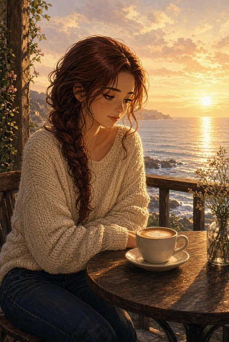 An anime-style illustration of a young woman with long braided auburn hair wearing a cream knit sweater, sitting at a small wooden table with a cappuccino while watching a sunset over the ocean.
