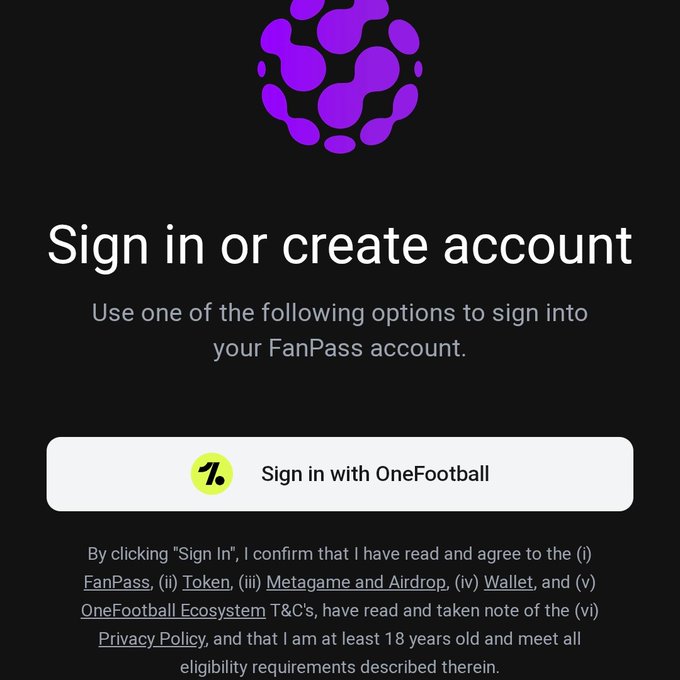 The image shows the OneFootball FanPass sign-in page, prompting users to "Sign in or create account" to claim their OFC tokens which unlock today, 08/07/2026.