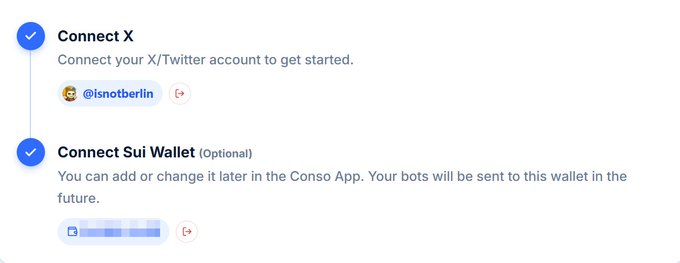 A setup screen shows completed steps to “Connect X” with the handle “@isnotberlin” and optional “Connect Sui Wallet,” with wallet details blurred.