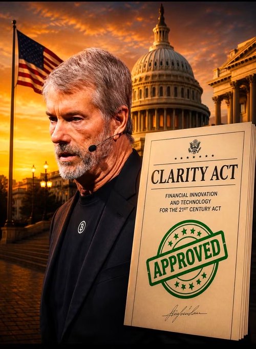 The image shows Michael Saylor wearing a black shirt with a Bitcoin logo, standing before the U.S. Capitol and an American flag at sunset, while holding a document titled "CLARITY Act" with a green "APPROVED" stamp. The composition visually reinforces the post's message about Saylor's advocacy for bipartisan legislation to establish clear regulatory rules for Bitcoin and digital assets in the United States.