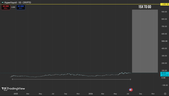 A TradingView chart of 'Hyperlquid' (ticker: 1D) on a 1D crypto timeframe shows a relatively flat price action with a '15X TO GO' label and a potential 65.000 buy level marked.
