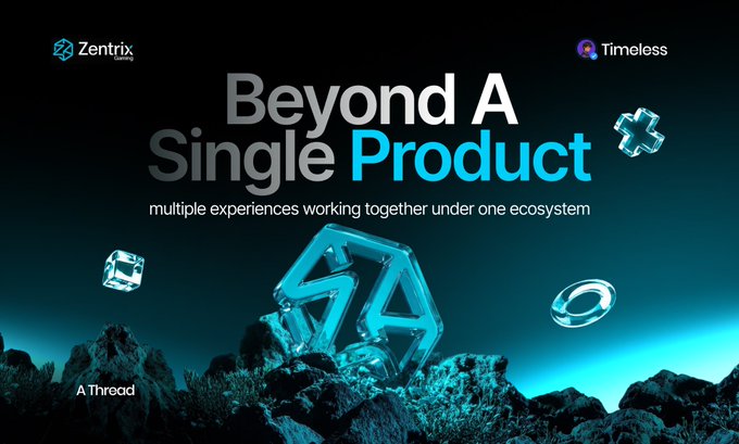A promotional graphic titled 'Beyond A Single Product' for Zentry and Timeless features 3D shapes and reads 'multiple experiences working together under one ecosystem.'