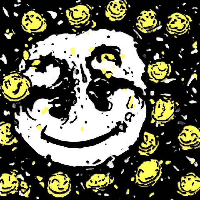 An artistic black and yellow graphic features a distorted smiley face surrounded by smaller smiley faces on a black background.