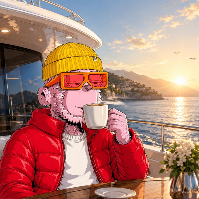 An anime-style illustration of a character with pink fur, a yellow beanie, orange-tinted sunglasses, and a red puffer jacket, holding a coffee cup on a yacht at sunset.