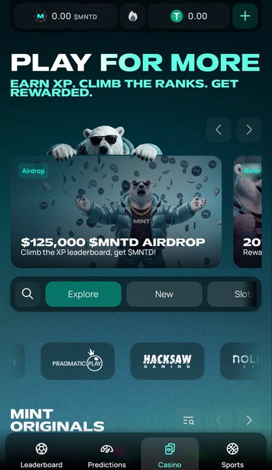 A mobile app screenshot of a casino interface with text 'PLAY FOR MORE, EARN XP, CLIMB THE RANKS. GET REWARDED' and a featured '$125,000 $MNTD AIRDROP' promotion, with navigation tabs for Leaderboard, Predictions, Casino, and Sports.