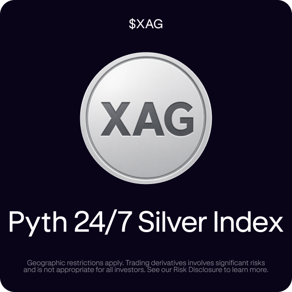 The image displays a silver coin graphic featuring "XAG" with the title "Pyth 24/7 Silver Index" below it, along with a disclaimer about geographic restrictions and trading risks. This relates to the post by showcasing Pyth's continuous silver pricing index offered through Kraken Pro, emphasizing round-the-clock market access for the XAG silver derivative.