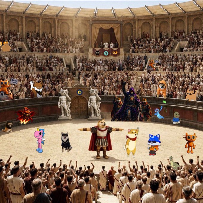 The image shows an arena with a large crowd of people gathered around, watching two men dressed as Roman emperors standing at the center stage. The emperors are wearing robes and holding weapons such as swords and shields, while the audience members appear to be engaged in a performance or reenactment.

In addition to the emperors, there is also a group of animals on the stage, including dogs, cats, and birds. These animals seem to be part of the performance, adding an interesting element to the scene. The crowd consists of people dressed in various costumes, some of whom are holding up signs or banners, suggesting that this event might be related to a historical or cultural theme.