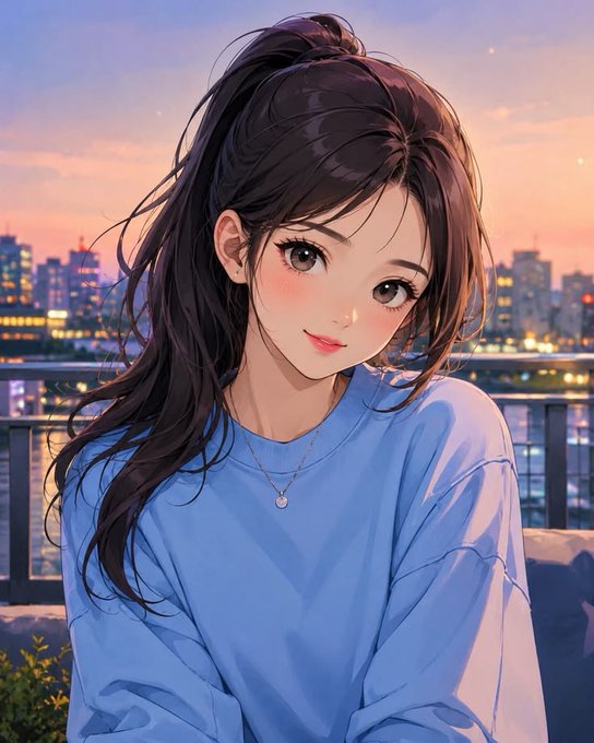 An anime-style illustration of a young woman with long dark hair wearing a blue sweater and a pendant necklace, smiling softly against a sunset cityscape backdrop.