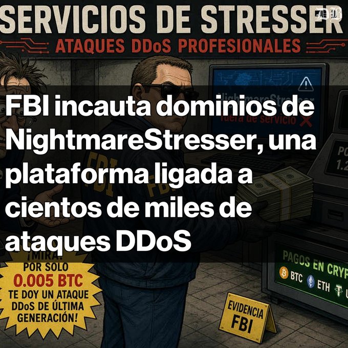 A Spanish-language graphic about 'SERVICIOS DE STRESSER' advertising professional DDoS attacks for 0.005 BTC, overlaid with news text about the FBI seizing domains of NightmareStresser, a DDoS-for-hire platform linked to hundreds of thousands of attacks.
