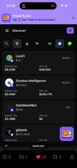 A mobile app screenshot for 'bankr' showing the 'Discover' page with a list of crypto tokens including 'LienFi ($LFI)', 'Surplus Intelligence ($Surplus)', 'DebtReliefBot ($DRB)', and 'gitlawb ($GITLAWB)', displaying market caps and 24h volume.