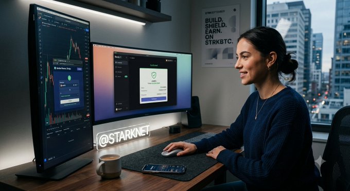 A woman works at a dual-monitor setup displaying trading charts and a StarkNet login page, with visible text reading '@STARKNET' and 'BUILD. SHIELD. EARN. ON STRKBTC.'