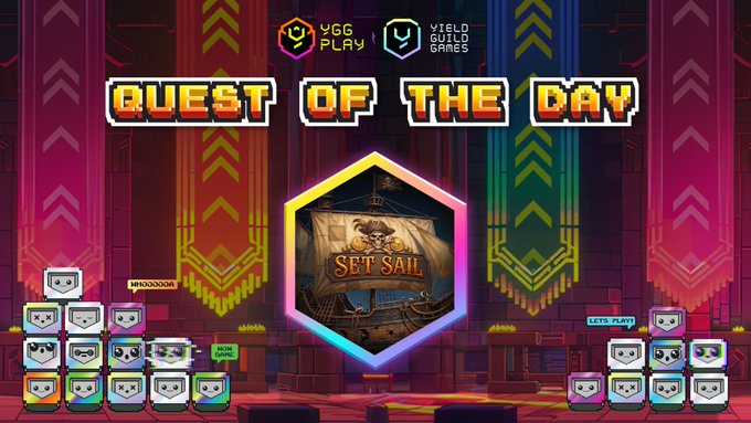 The image features a poster for a video game called "Quest of the Day" that has been created by Ygg Play. The poster showcases the game's title, its objective, and the platform where players can access it. It also includes a link to the game's app on the launchpad. The background of the poster is colorful with banners displaying the game's name and logo.