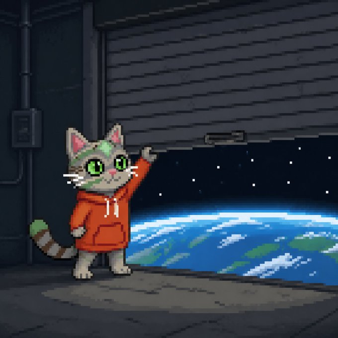 Pixel art illustration of a smiling tabby cat in an orange hoodie waving at Earth, viewed from inside what appears to be a spaceship with an open bay door.
