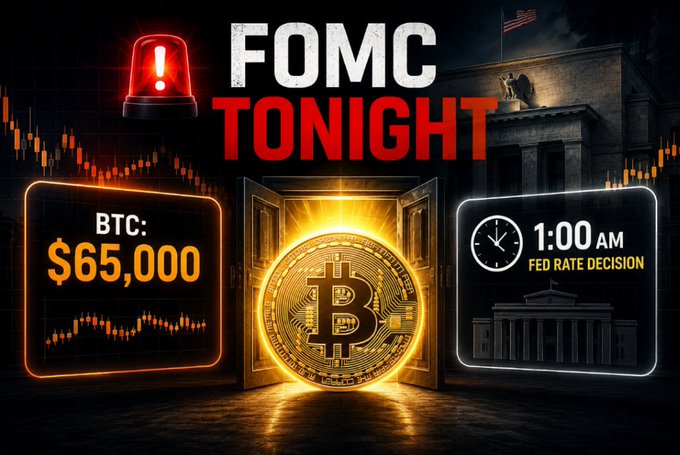 The main image features a large golden coin surrounded by a neon sign, with a red light coming from the top right corner of the image. The text "BTC đang lình lình quanh $64k-$65k trước FOMC đầu tiên của tân Chăng trịch Kevin Warsh." is shown in the foreground. The image also displays a graphic that says "FOCM TONIGHT" and indicates it's an evening event on November 11th at a building named the Trump Tower in New York City.