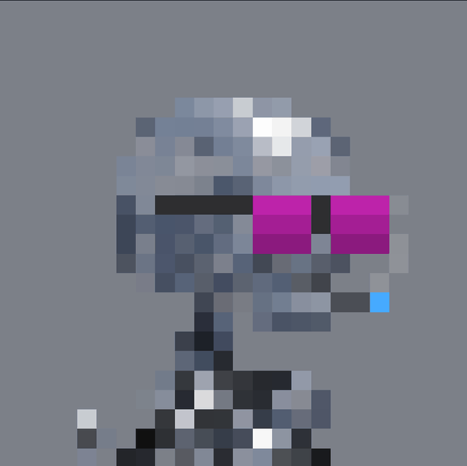 A heavily pixelated, low-resolution digital portrait of a character or figure with gray tones, featuring distinctive bright magenta/pink blocky elements across the eye area and a small cyan blue detail.