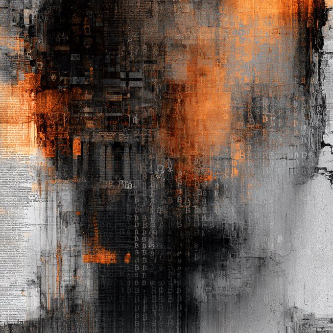 An abstract digital artwork with black, grey, and orange tones featuring faded text and numbers overlaid on a textured, glitch-like background.