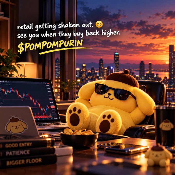 A cartoonish image of a Pompompurin plush wearing sunglasses at a desk with trading charts on monitors, captioned with 'retail getting shaken out. see you when they buy back higher. $POMPOMPURIN'.