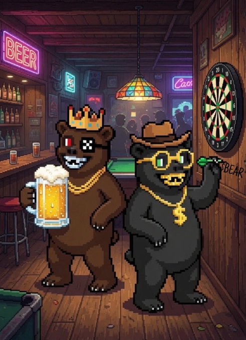 Two pixelated bears in a neon-lit bar—one wearing a crown and holding a frothy mug next to a "BEER" sign, the other in gold-rimmed glasses and a "$$" chain throwing a dart at a dartboard—visually embody the $BEAR meme coin branding from @BearXRPL's ecosystem on the XRP ledger.