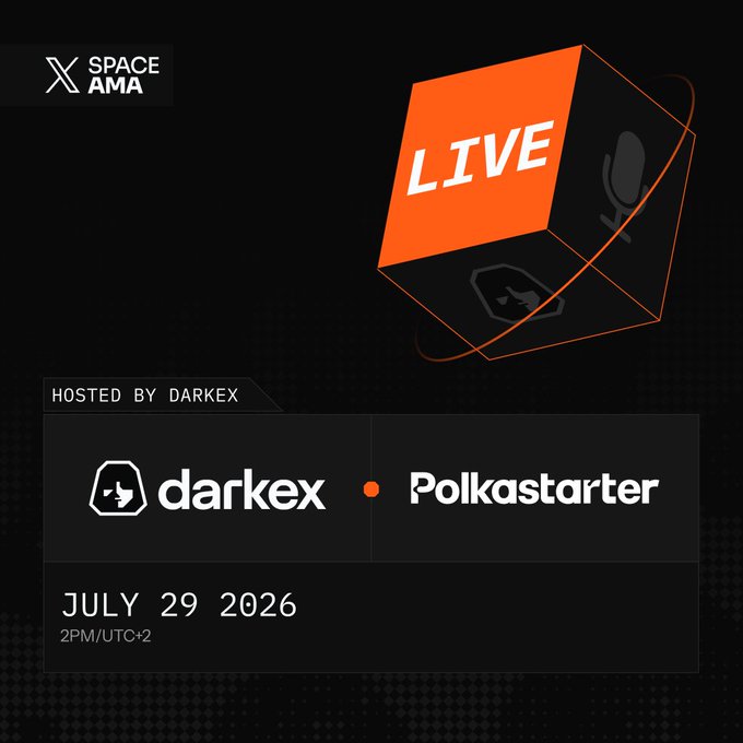 Promotional graphic for a live X Space AMA hosted by Darkex with Polkastarter on July 29, 2026 at 2 PM UTC+2, featuring a 3D "LIVE" cube icon, a microphone, and the hosts' logos, tied to the announcement of a discussion on reshaping the collectible card market and a 500 USDT giveaway.