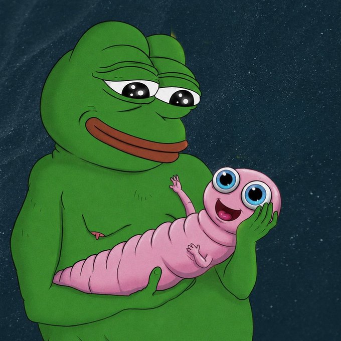 The image features a cartoon frog holding a pink caterpillar, with both characters appearing happy together. The background of the image is dark blue, which contrasts with the bright colors of the frog and caterpillar. In the corner of the image, there is text that reads "True love can be hard to find Anything is inscribed on Dogecoin". This message seems to be related to the cartoon frog holding the caterpillar, as they are often used in children's literature or art for their representation of love and friendship. The post also mentions a coin called Dogecoin, which is a digital currency that gained popularity due to its humorous and whimsical nature.