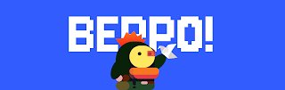 The image displays the word "BEPPO!" in large white pixelated text above a cartoon character holding a paper bird. This likely serves as promotional art for the "Beppo" project mentioned in the accompanying post, which is offering 5,555 supply for a free mint.