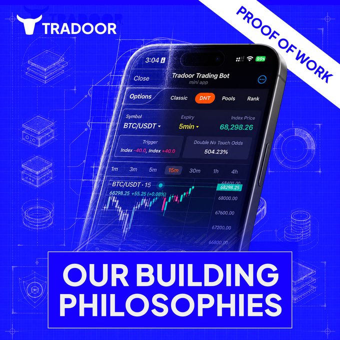 A promotional graphic for 'TRADOOR' featuring a smartphone displaying their trading bot app on a blue background with 'PROOF OF WORK' and 'OUR BUILDING PHILOSOPHIES' text.