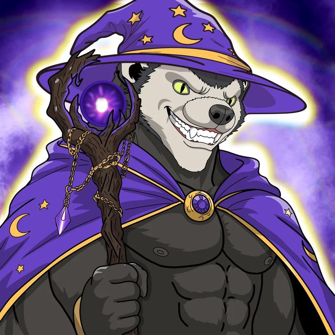 An illustration of an anthropomorphic muscular dog or wolf character dressed as a wizard in a purple starry hat and cape, holding a gnarled staff with a glowing orb.