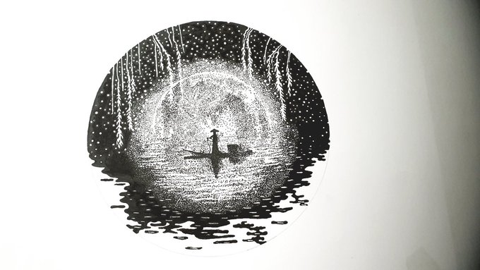 A black and white circular illustration showing a person sitting cross-legged in meditation on water beneath a large moon, surrounded by starry sky and hanging willow-like branches, with reflections shimmering on the surface.