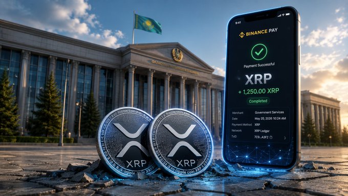 The image shows physical XRP coins beside a smartphone displaying a "Binance Pay - Payment Successful" confirmation for "+1,250.00 XRP," set against the backdrop of a Kazakhstan government building with the national flag flying. This visually reinforces the post's claim of 5,000+ Kazakhstan merchants accepting XRP via Binance Pay, illustrating the successful real-world transaction and the partnership between Ripple's XRP and Binance's payment infrastructure within Kazakhstan.