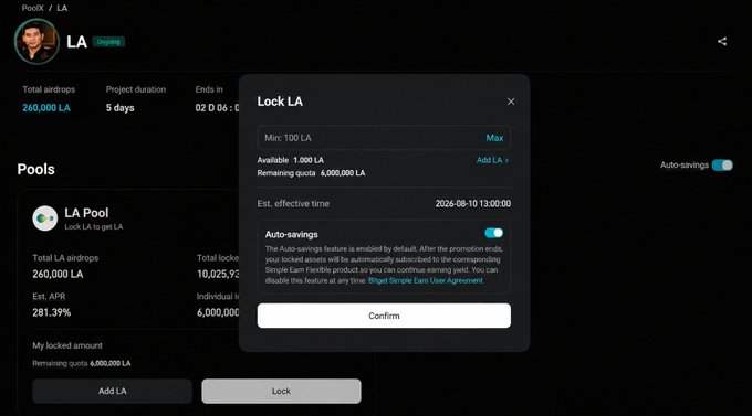 A screenshot of a cryptocurrency staking interface showing a 'Lock LA' dialog with 1,000 LA available to lock in the LA Pool, featuring an estimated effective time of 2026-08-10 13:00:00 and 281.39% estimated APR.