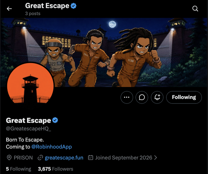 Twitter profile page for 'Great Escape' (@GreatescapeHQ_) featuring an illustration of three prisoners escaping at night, with the bio 'Born To Escape. Coming to @RobinhoodApp'.