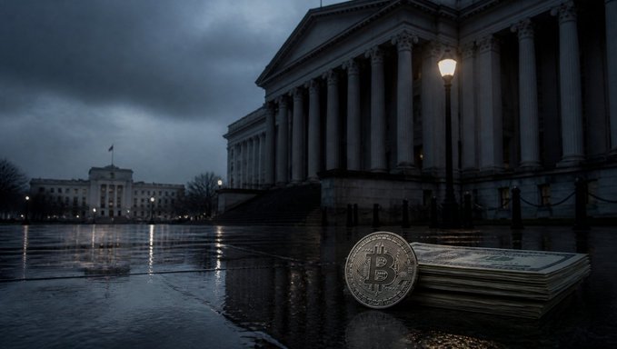 A physical Bitcoin token standing next to a stack of US dollar bills on a wet pavement, with the White House visible in the background under cloudy skies.