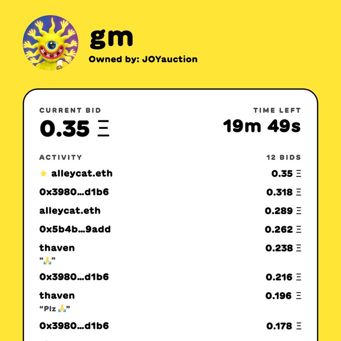 An NFT auction page for a generative 'gm' avatar artwork by JOYAuction shows a current bid of 0.35 ETH with 19 minutes and 49 seconds remaining.