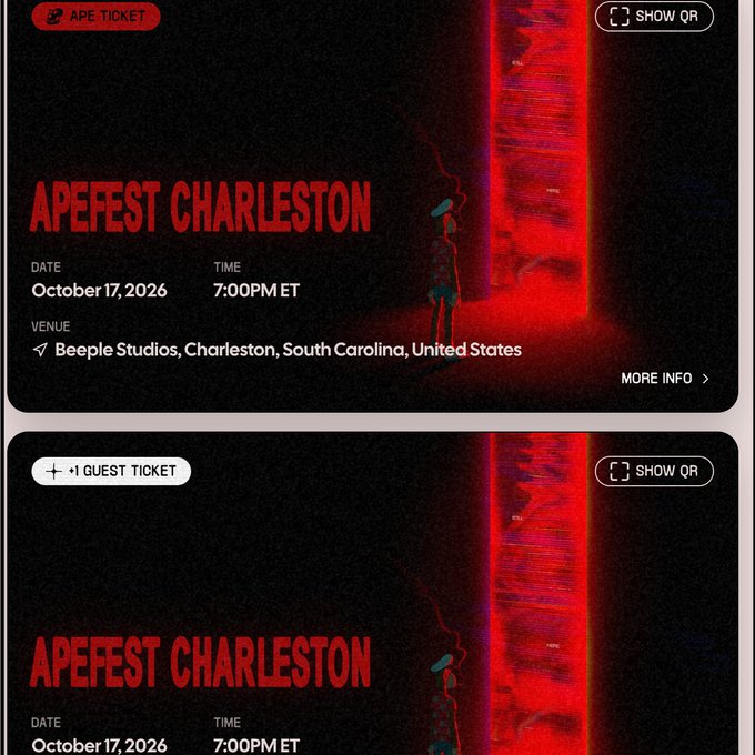 Two APE TICKET digital passes for APEFEST CHARLESTON on October 17, 2026, at 7:00 PM ET, with one ticket including a +1 guest ticket option at Beeple Studios in Charleston, South Carolina.