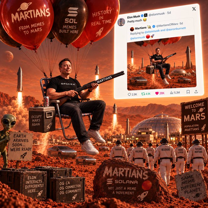 A promotional graphic for 'Martians' meme coin on Solana, featuring Elon Musk in a SpaceX shirt holding a rifle while floating in balloons over a Mars landscape, with a tweet showing 'Pretty much 😂' from @elonmusk replying to @MartiansOfMars.