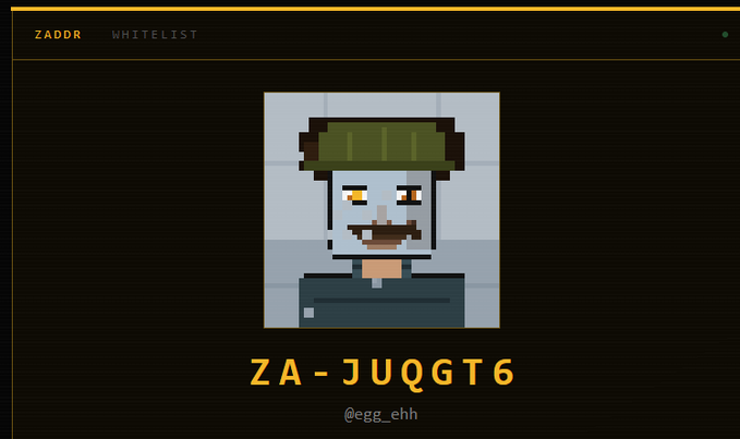 A pixel art profile page showing a character with a military helmet and mustache, with the ZADDR "ZA-JUQGT6" and username "@egg_ehh" displayed below.