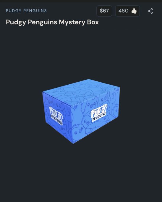 A dark interface displaying a 'Pudgy Penguins Mystery Box' priced at $67, showing a 3D blue box with penguin patterns and the 'Pudgy Penguins' logo.
