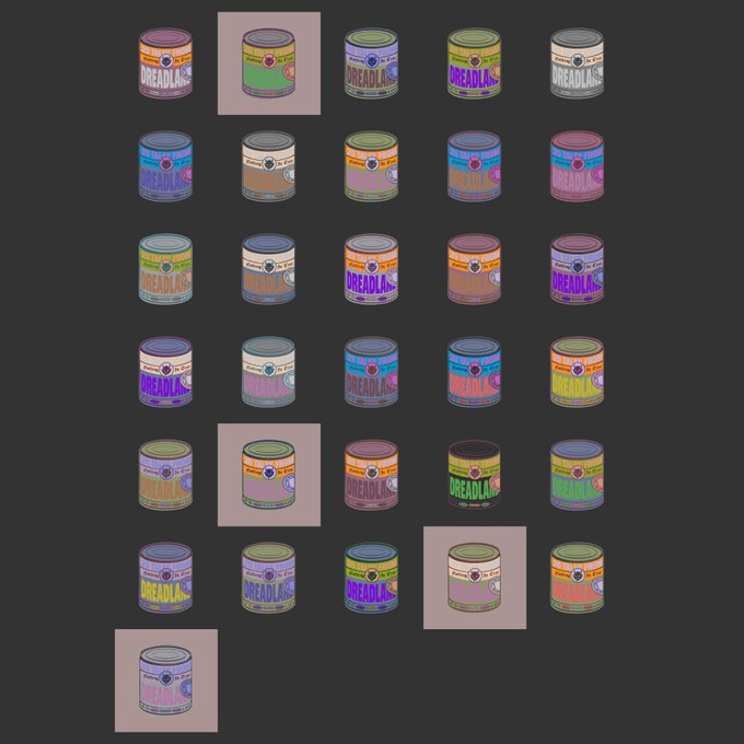A grid of various colorful cylindrical containers, all labeled 'DREADLABS', displayed against a dark background, resembling NFT collectibles.
