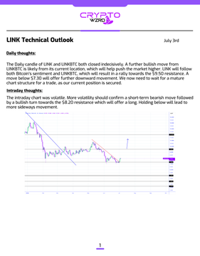 A crypto technical analysis document titled "LINK Technical Outlook" dated July 3rd, featuring a daily price chart for LINK/USDT with text discussing a short-term bearish move below $7.90 and a potential bullish push above the $8.20 resistance level. The accompanying post highlights LINK's indecisive but green close and the significance of the $8.20 resistance level for further bullish movement, directly referencing the analysis shown in the image.