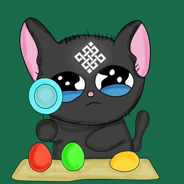 A cartoon illustration of a black cat with large eyes, pink inner ears, and a white symbol on its forehead, holding a magnifying glass and sitting beside three colorful eggs on a yellow surface.